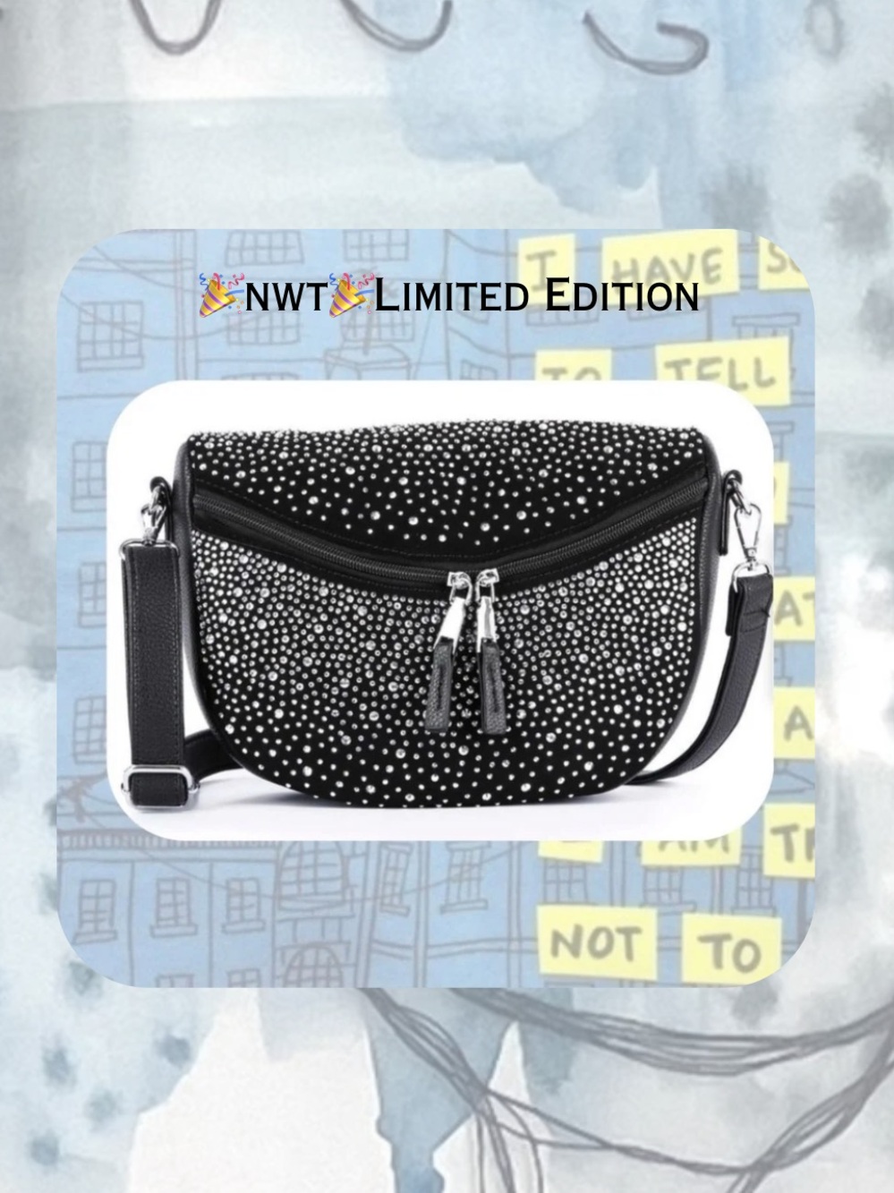 🆕 black faux leather crossbody shoulder bag with silver sparkly rhinestones